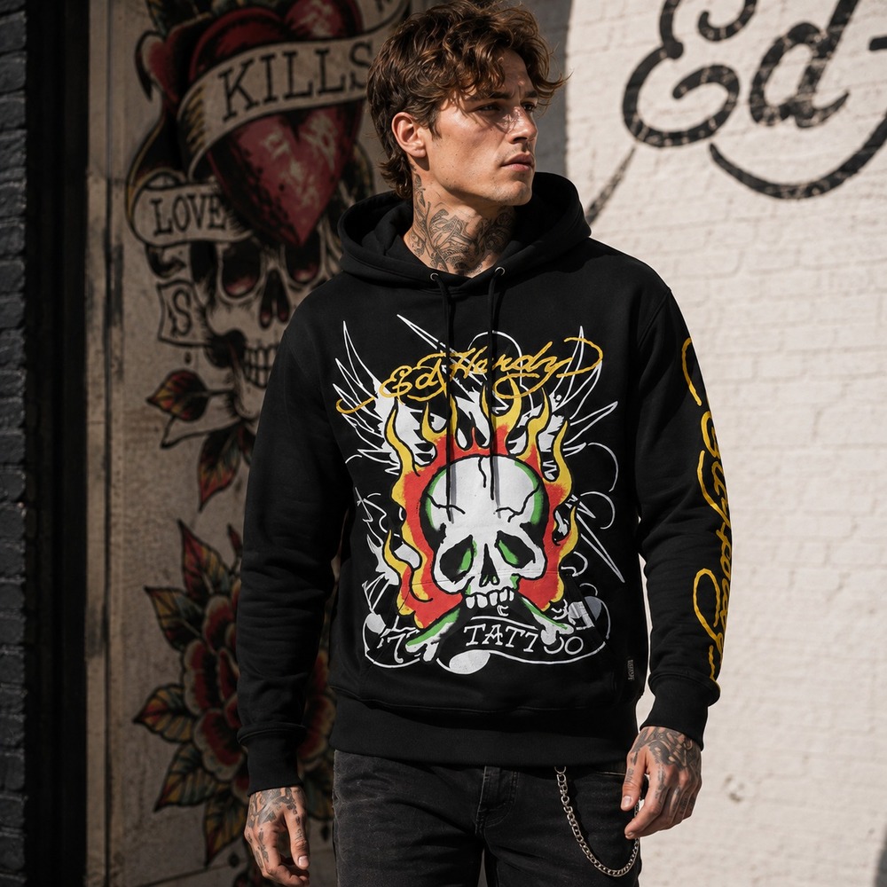 ED HARDY Men's New MEDIUM Pullover Hoodie Black Tattoo Skull Graphic EHM1300-58